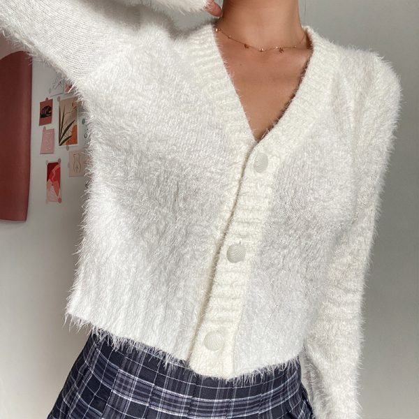 Retro Cute Fluffy V-Neck Long Sleeve Knitted Cardigan Short Jacket for Early Autumn Fashion