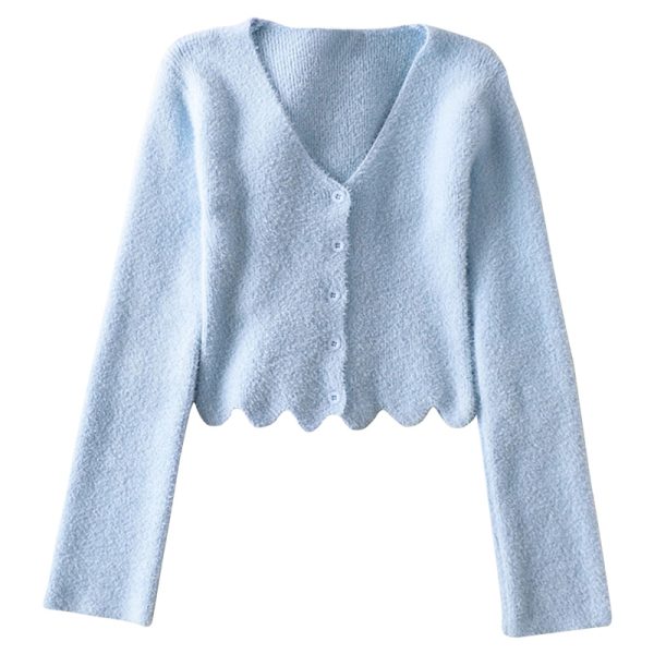 Retro Cute Girl V-Neck Ruffled Hem Fluffy High-Waisted Long Sleeve Knitted Cardigan Top - Y2K Inspired Fashion