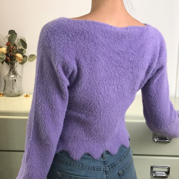 Retro Cute Girl V-Neck Ruffled Hem Fluffy High-Waisted Long Sleeve Knitted Cardigan Top - Y2K Inspired Fashion