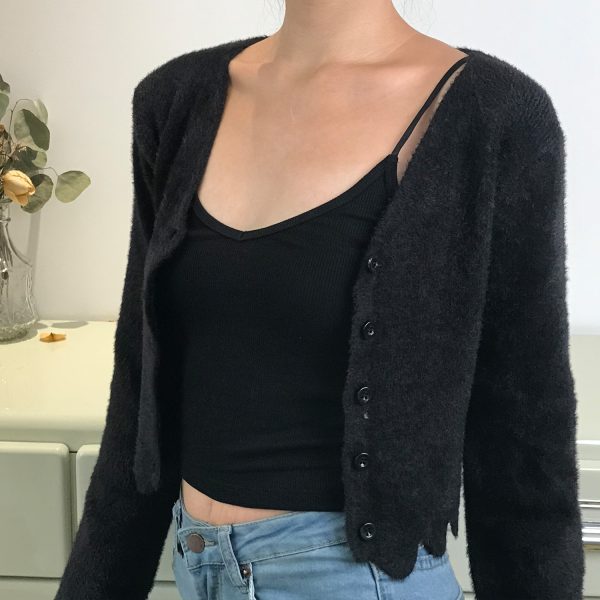 Retro Cute Girl V-Neck Ruffled Hem Fluffy High-Waisted Long Sleeve Knitted Cardigan Top - Y2K Inspired Fashion