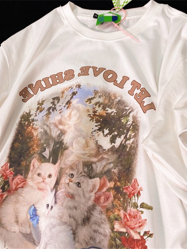 Retro Cute Kitten Graphic Pure Cotton Short Sleeve T-Shirt for Men and Women, Plus Size Loose Fit Couple Top
