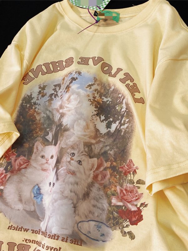Retro Cute Kitten Graphic Pure Cotton Short Sleeve T-Shirt for Men and Women, Plus Size Loose Fit Couple Top
