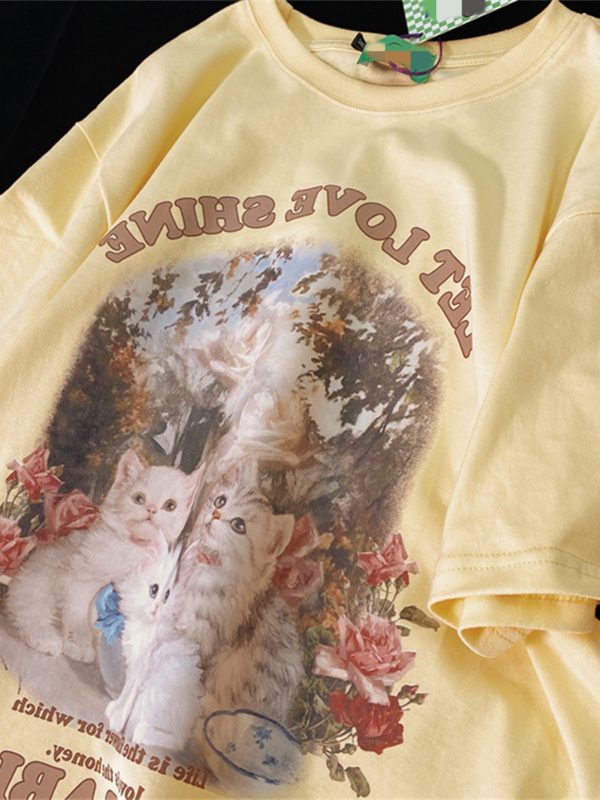 Retro Cute Kitten Graphic Pure Cotton Short Sleeve T-Shirt for Men and Women, Plus Size Loose Fit Couple Top