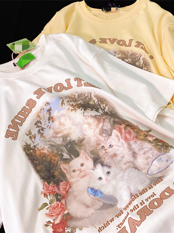 Retro Cute Kitten Graphic Pure Cotton Short Sleeve T-Shirt for Men and Women, Plus Size Loose Fit Couple Top