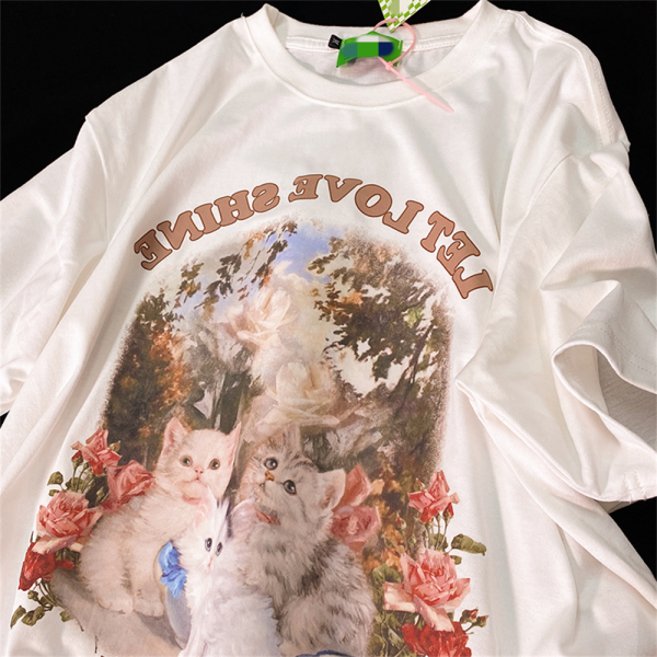 Retro Cute Kitten Graphic Pure Cotton Short Sleeve T-Shirt for Men and Women, Plus Size Loose Fit Couple Top