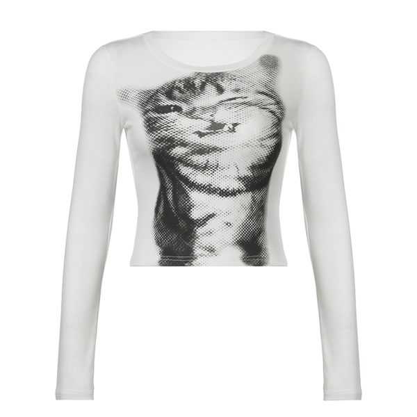 Retro Cute Kitten Print T-Shirt - Slim Fit Short Sleeve Top, Flattering and Versatile, Perfect for Y2K and 90s Inspired Fashion