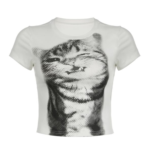 Retro Cute Kitten Print T-Shirt - Slim Fit Short Sleeve Top, Flattering and Versatile, Perfect for Y2K and 90s Inspired Fashion