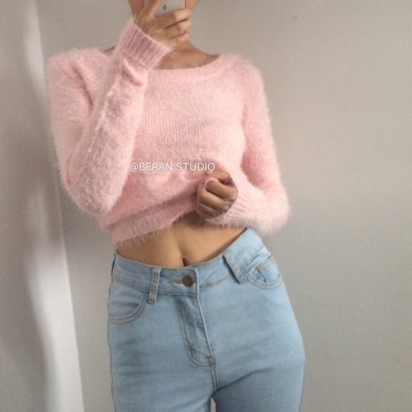 Retro Cute Multicolor Fluffy Feather Yarn Round Neck High Waist Cropped Long Sleeve Knitted Top, Y2K Inspired Fashion