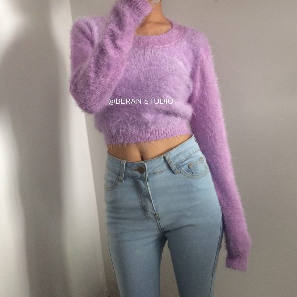 Retro Cute Multicolor Fluffy Feather Yarn Round Neck High Waist Cropped Long Sleeve Knitted Top, Y2K Inspired Fashion