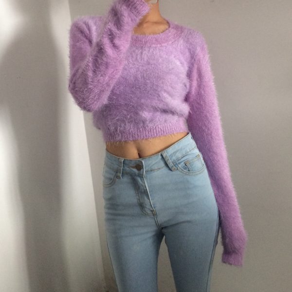 Retro Cute Multicolor Fluffy Feather Yarn Round Neck High Waist Cropped Long Sleeve Knitted Top, Y2K Inspired Fashion