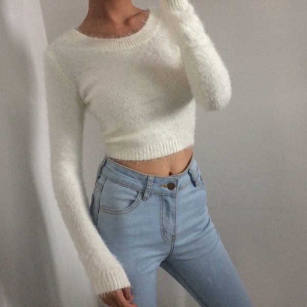 Retro Cute Multicolor Fluffy Feather Yarn Round Neck High Waist Cropped Long Sleeve Knitted Top, Y2K Inspired Fashion