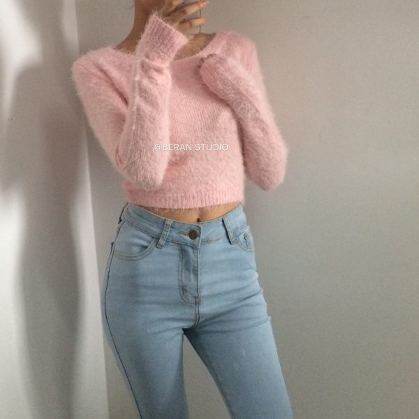 Retro Cute Multicolor Fluffy Feather Yarn Round Neck High Waist Cropped Long Sleeve Knitted Top, Y2K Inspired Fashion