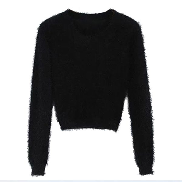 Retro Cute Multicolor Fluffy Feather Yarn Round Neck High Waist Cropped Long Sleeve Knitted Top, Y2K Inspired Fashion