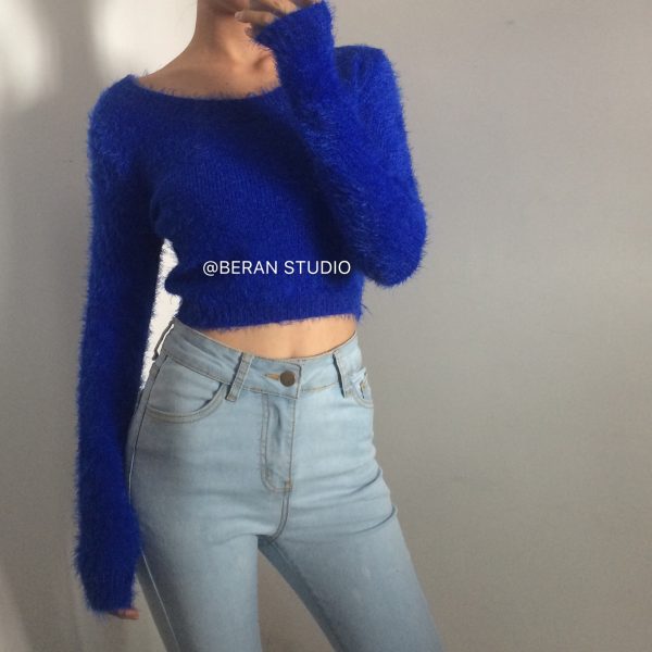 Retro Cute Multicolor Fluffy Feather Yarn Round Neck High Waist Cropped Long Sleeve Knitted Top, Y2K Inspired Fashion