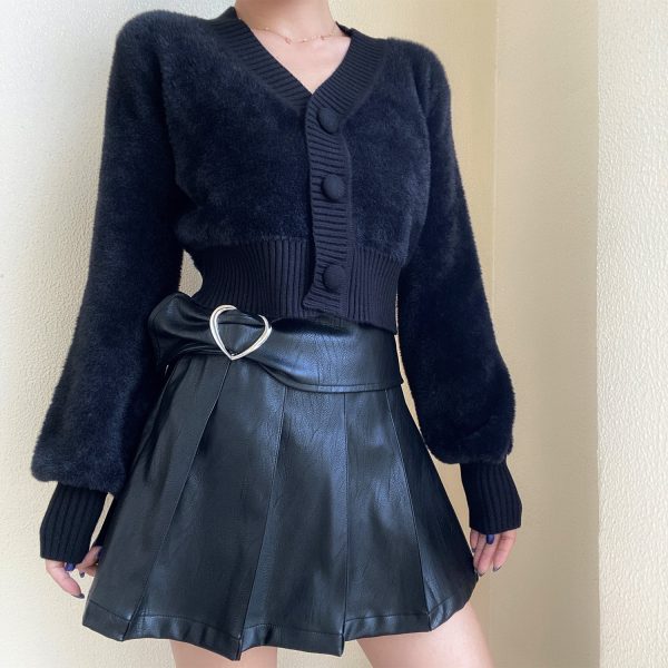 Retro Cute V-Neck Big Button High Waist Short Solid Color Faux Mink Plush Lantern Sleeve Knit Cardigan for Y2K Style Fashion