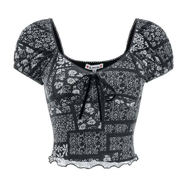 Retro Deep V Black Floral Short Sleeve T-Shirt for Women - Summer Puff Sleeve Top in European and American Style