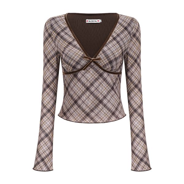 Retro Deep V-Neck Long Sleeve Plaid T-Shirt for Women - Slim Fit Cropped Top, European American Style, 90s Inspired Fashion