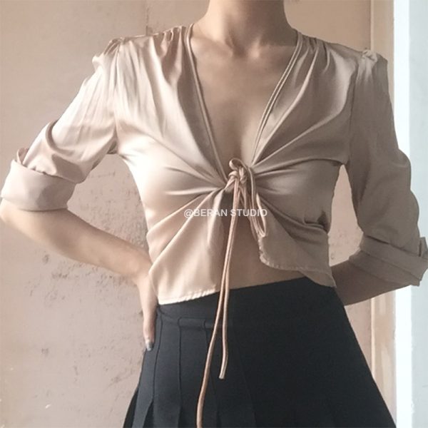 Retro Deep V Tie Long Sleeve Cardigan Shirt Top in Faux Silk - Solid Color Stylish Layering Piece