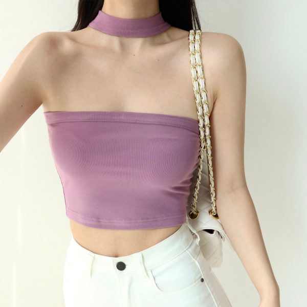Retro European American Sleeveless Halter Top with Exposed Collarbone - Fitted Layering Piece for Feminine Style