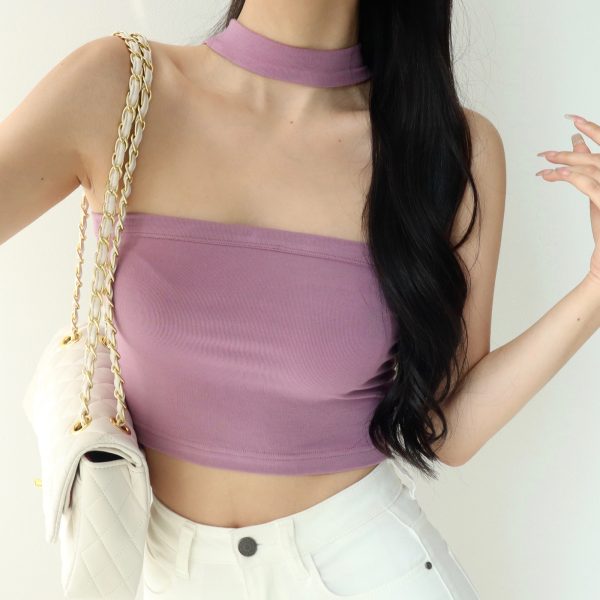 Retro European American Sleeveless Halter Top with Exposed Collarbone - Fitted Layering Piece for Feminine Style