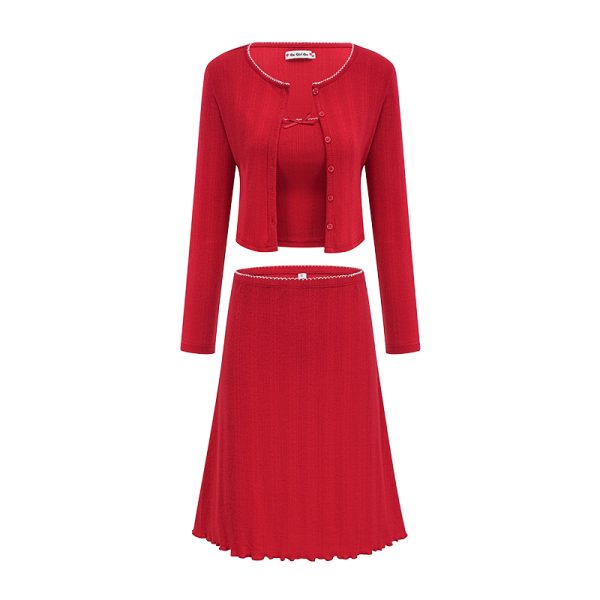 Retro European American Style Three-Piece Set: DIY New Year Camisole, Cardigan, and Skirt for Hot Girl Aesthetic