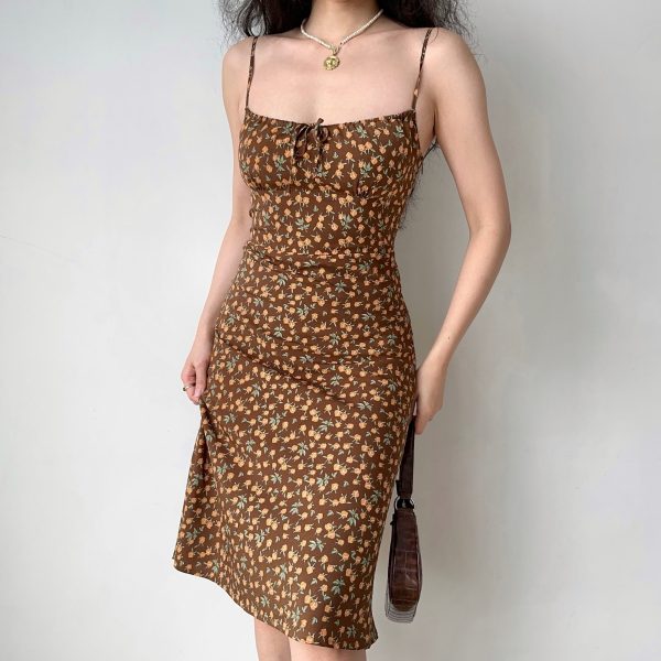 Retro Floral Front Tie Strap Dress - Slim Waist European American Style for Vacation - 90s Inspired Summer Fashion