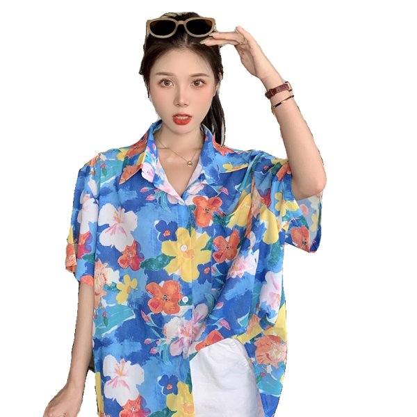 Retro Floral Loose Short-Sleeve Shirt for Women - Hawaiian Beach Top, Unique Niche Design, Perfect for Y2K and 90s Style