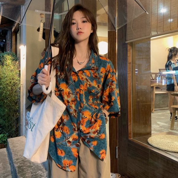 Retro Floral Loose Short Sleeve Shirt for Women - Summer Hawaiian Beach Top, Casual Vacation Style