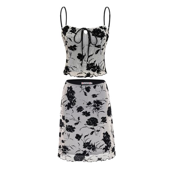 Retro Floral Print Camisole and High-Waisted Bodycon Skirt Two-Piece Set - European and American Style, Perfect for 90s and Y2K Fashion