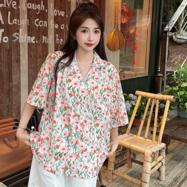 Retro Floral Short Sleeve Shirt for Women - Summer Hawaiian Style Casual Top, Loose Fit for Beach and Everyday Wear