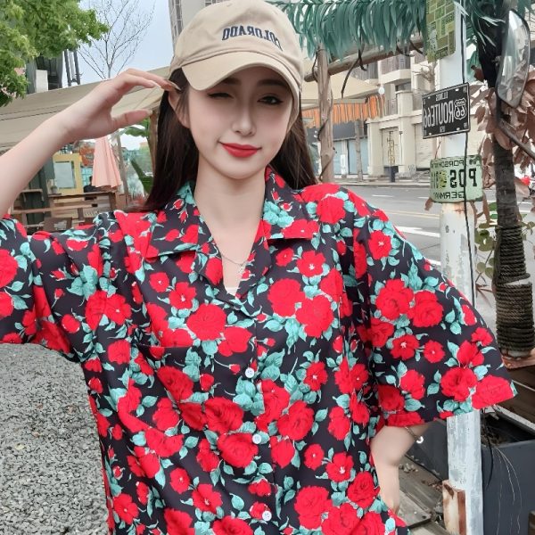 Retro Floral Short Sleeve Shirt for Women - Summer Hawaiian Style Casual Top, Loose Fit for Beach and Everyday Wear