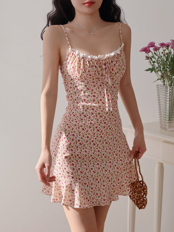 Retro Floral Slip Dress for Women - V-Neck, Tie Waist, Slimming Mini Dress for Vacation, 90s Style