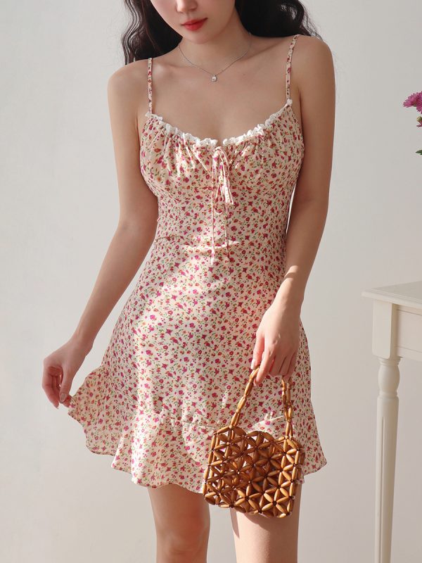 Retro Floral Slip Dress for Women - V-Neck, Tie Waist, Slimming Mini Dress for Vacation, 90s Style