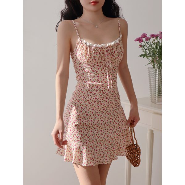 Retro Floral Slip Dress for Women - V-Neck, Tie Waist, Slimming Mini Dress for Vacation, 90s Style