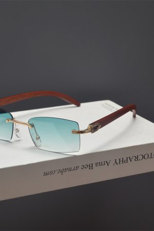 Retro Frameless Cut-Edge Rectangular Wooden Grain Sunglasses for Men and Women - Trendy Hip-Hop Party Eyewear for Small Faces