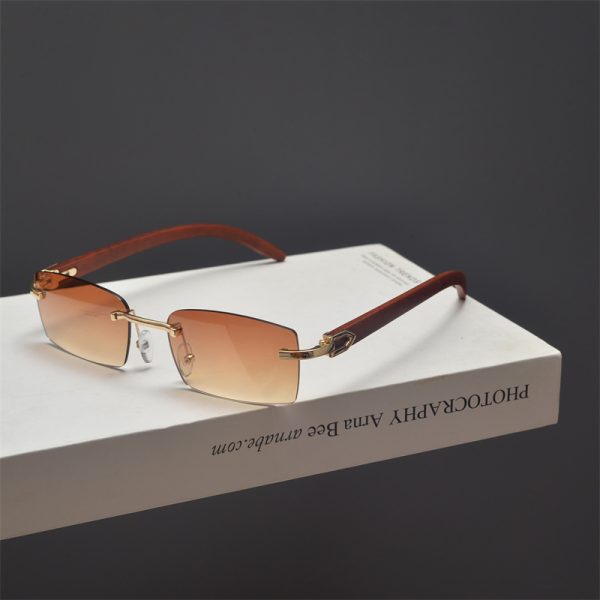Retro Frameless Cut-Edge Rectangular Wooden Grain Sunglasses for Men and Women - Trendy Hip-Hop Party Eyewear for Small Faces