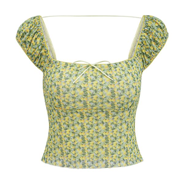 Retro Fruit Print Square Neck Short Crop T-shirt for Women - Summer Slim Fit Puff Sleeve Top in European and American Style