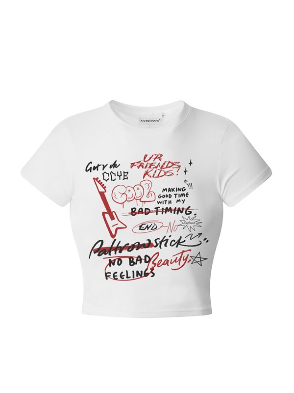 Retro Graffiti Hand-Painted Short Sleeve T-Shirt for Women - Casual Summer Top in American Style, Y2K Vibe