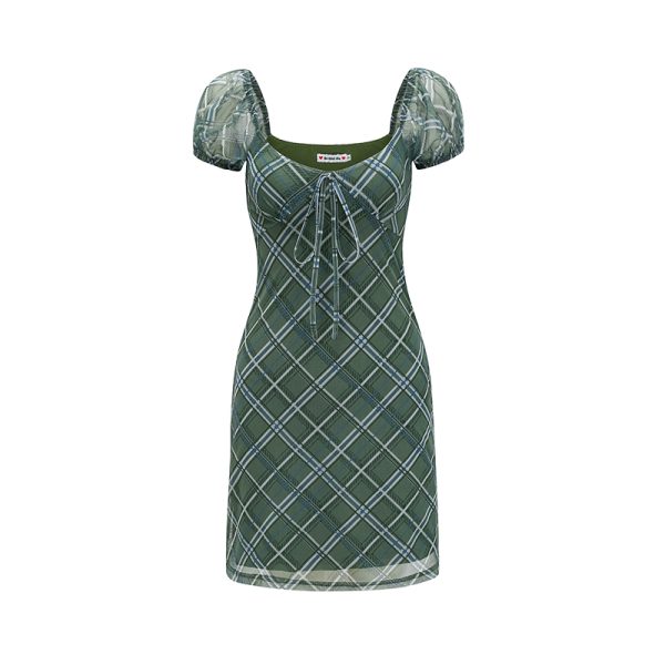 Retro Green Plaid Puff Sleeve Dress for Women - Summer Waist-Cinching Slim Fit, European American Style, Y2K Fashion