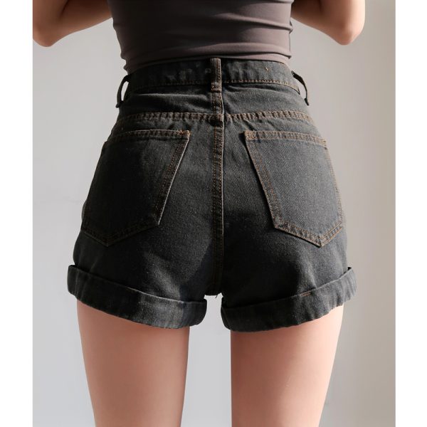 Retro High-Waisted Cuffed Denim Shorts for Women - Classic Slim Fit, Flattering Long Leg, European American Style