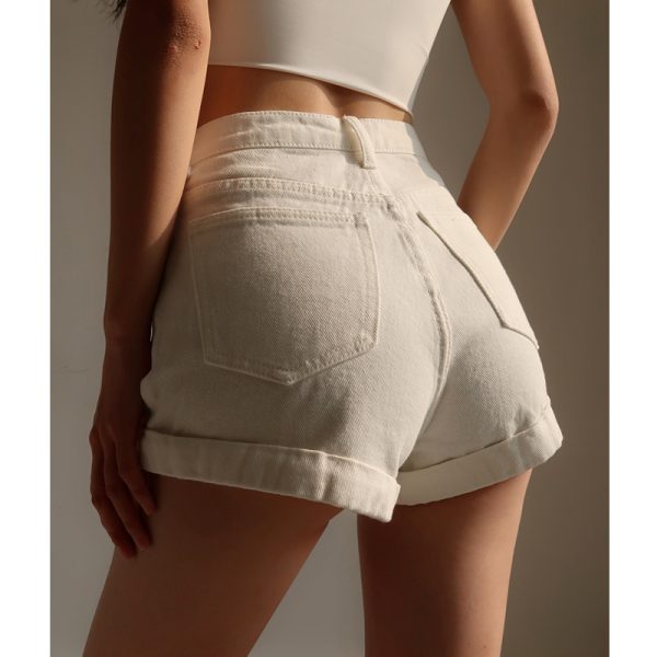 Retro High-Waisted Cuffed Denim Shorts for Women - Classic Slim Fit, Flattering Long Leg, European American Style