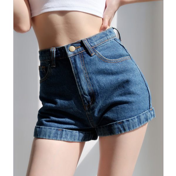 Retro High-Waisted Cuffed Denim Shorts for Women - Classic Slim Fit, Flattering Long Leg, European American Style
