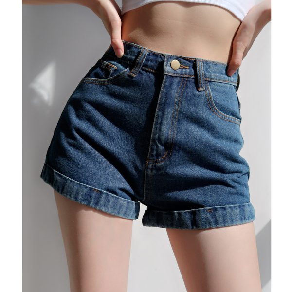 Retro High-Waisted Cuffed Denim Shorts for Women - Classic Slim Fit, Flattering Long Leg, European American Style