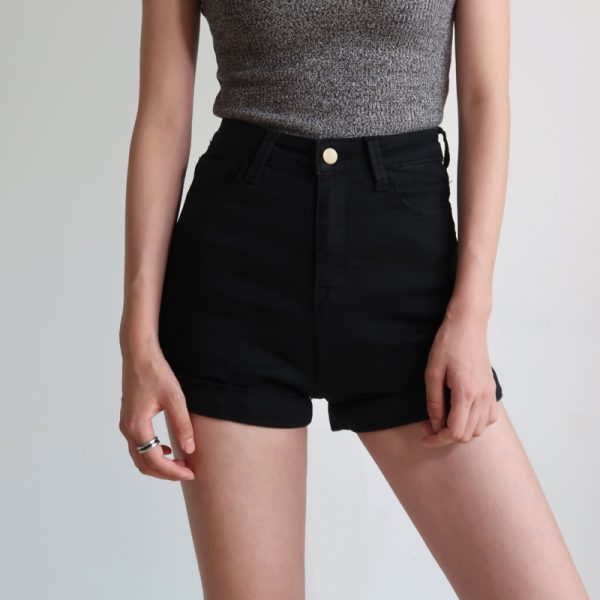 Retro High-Waisted Slim-Fit Rolled-Up Denim Shorts for Women - European and American Style, Stretchy, Chic Casual Wear