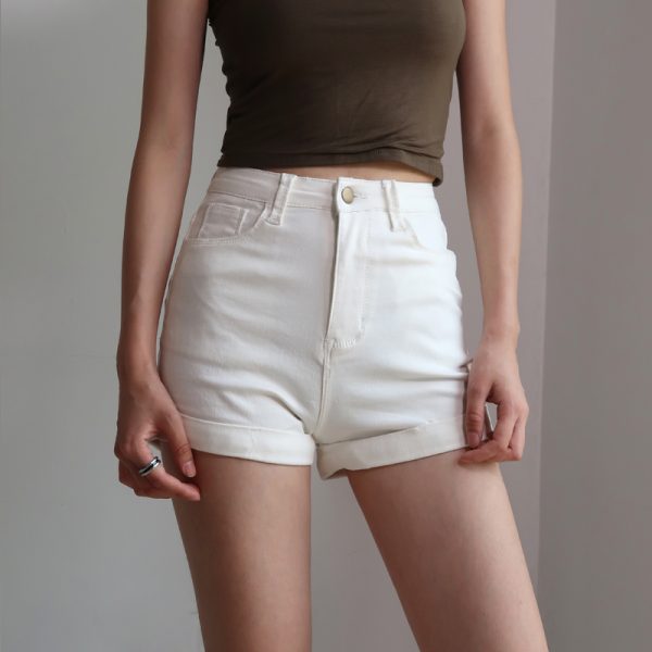 Retro High-Waisted Slim-Fit Rolled-Up Denim Shorts for Women - European and American Style, Stretchy, Chic Casual Wear