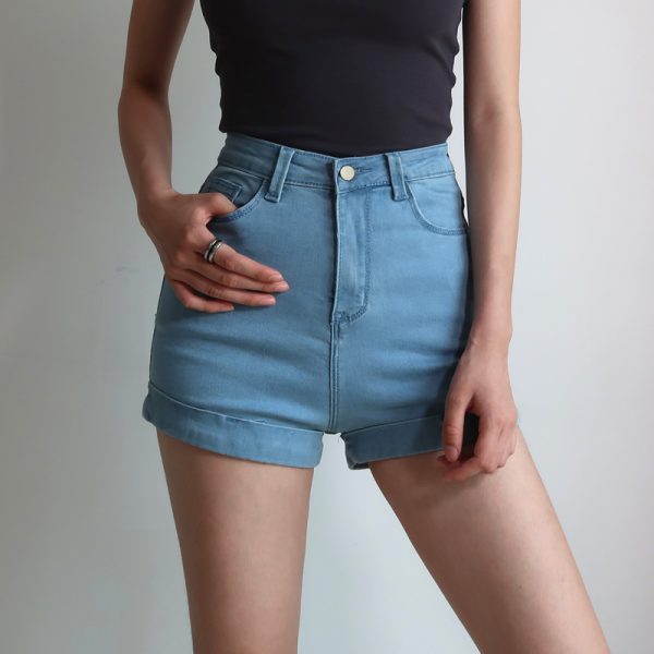 Retro High-Waisted Slim-Fit Rolled-Up Denim Shorts for Women - European and American Style, Stretchy, Chic Casual Wear