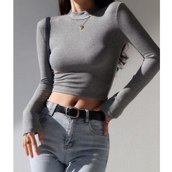 Retro High-Waisted Slimming Short Long-Sleeve T-Shirt with Stand Collar for Women - Elastic Round Neck, Leg-Lengthening Style