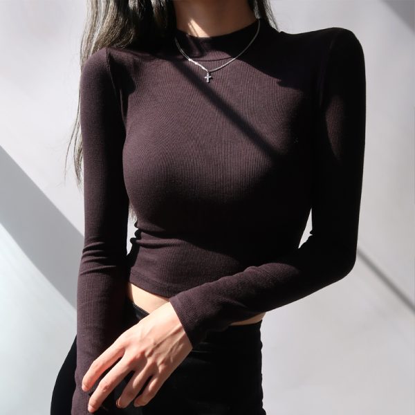 Retro High-Waisted Slimming Short Long-Sleeve T-Shirt with Stand Collar for Women - Elastic Round Neck, Leg-Lengthening Style