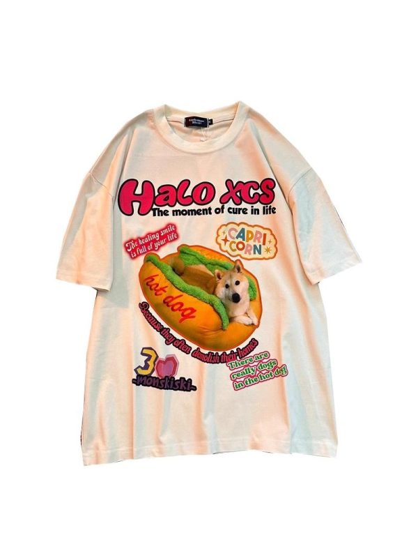 Retro Hot Dog Print Cotton Short-Sleeve T-Shirt for Men and Women - Plus Size Loose Trendy Couple Top