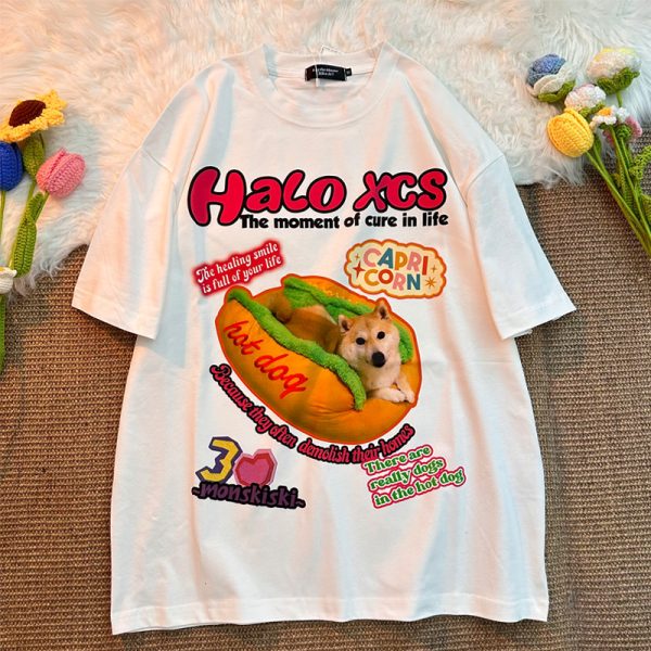 Retro Hot Dog Print Cotton Short-Sleeve T-Shirt for Men and Women - Plus Size Loose Trendy Couple Top